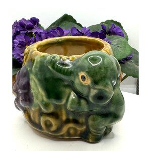 Vintage Green & Brown Majolica Pottery Green Elephant Planter